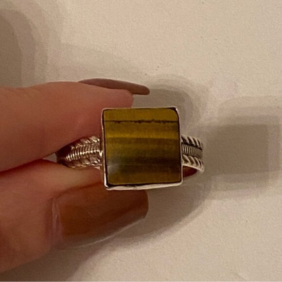 RING STERLING SILVER TIGER EYE STONE BROWN SQUARE CABLE SHANK SIZE 12 - Picture 2 of 9